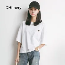 DHfinery летние свободные футболка s для женщин сплошной цвет с короткими рукавами и круглым вырезом с рисунком Повседневная футболка желтый синий футболка A761