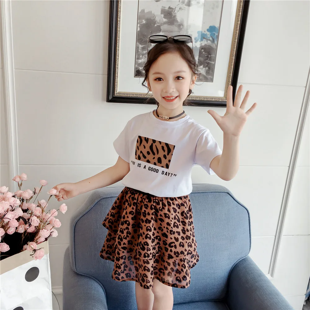 Fashion Children Clothing Set For Girls Clothes 2019 Summer Letter Tshirts Tops Leopard Chiffon Skirt 2Pcs Casual Kids Suit 3-9Y (1)