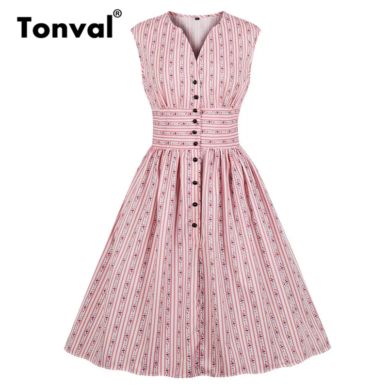 

Tonval Vintage Single Breasted Floral Summer Pleated Shirt Dress 2019 Women V-Neck Sleeveless Tunic Casual Striped Dresses
