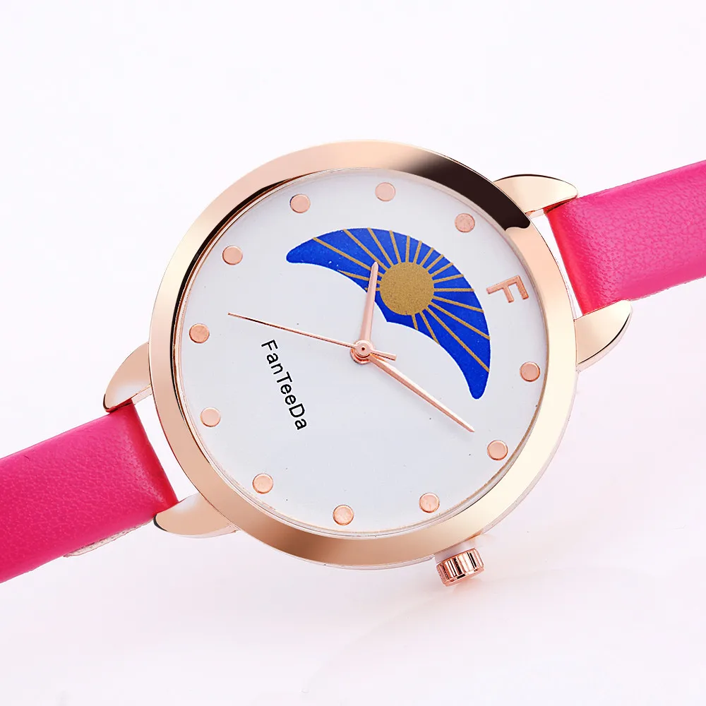 FanTeeDa relogio feminino Sun and moon Alloy Analog Leather Band Quartz Wrist Watch women Clock Casual Round kadin saat mujerB40