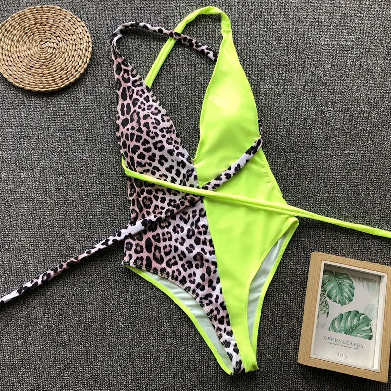

New Style Women Sexy Leopard Python Pattern Bikini Swimwear V-neck Lacing One Pieces Swimsuit Patchwork Bathing Clothing 2019