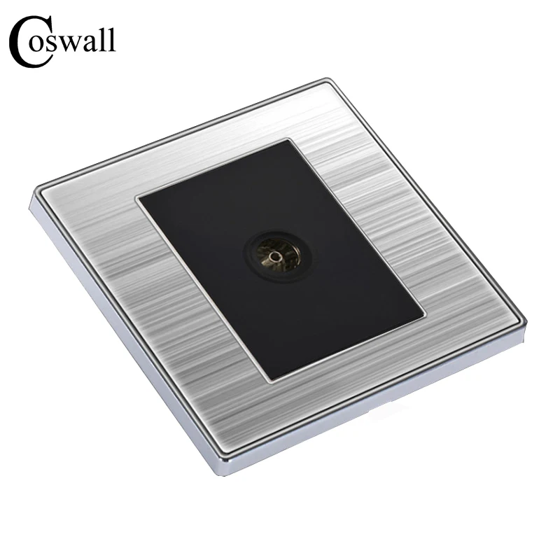 

COSWALL Single TV Luxury Wall Socket Power Outlet Enchufe Stainless Steel Brushed Silver Panel Electrical Plug Soquete