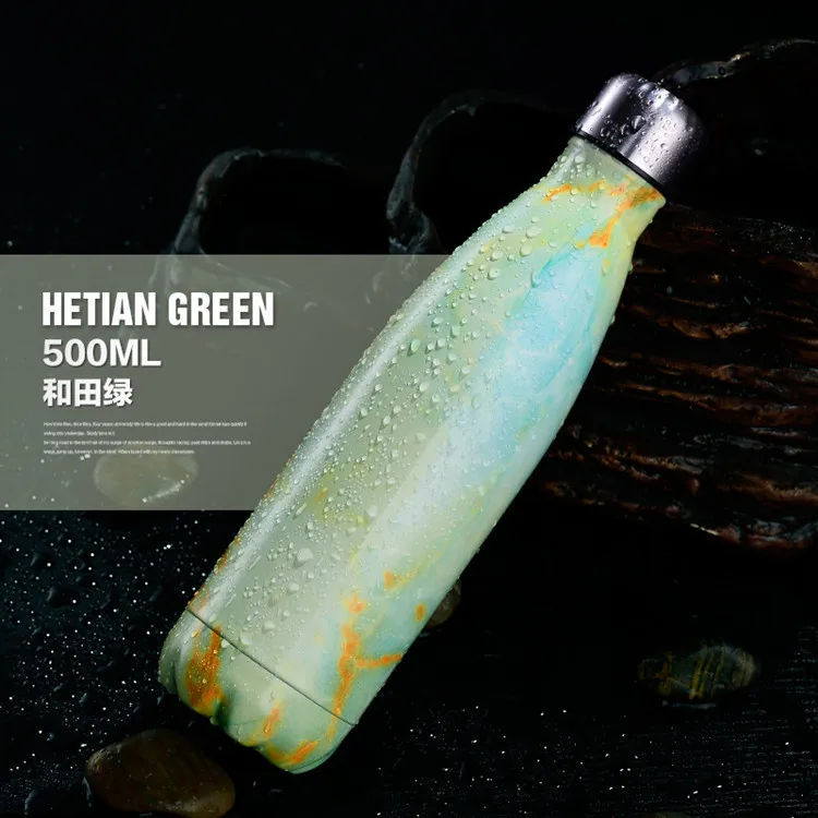 500ML Chilly Bottle Stainless Steel Wine Bottle Shape Thermos Bottle Car Travel Bowling Flask Vacuum Bottle For Water - Color: HETIAN GREEN