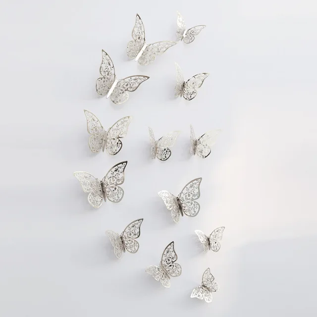 Anpro 12 шт. 3D полые золотые бабочки наклейки на стену DIY наклейки на холодильник блестящие художественные фрески для стен или вечерние украшения - Цвет: silverB