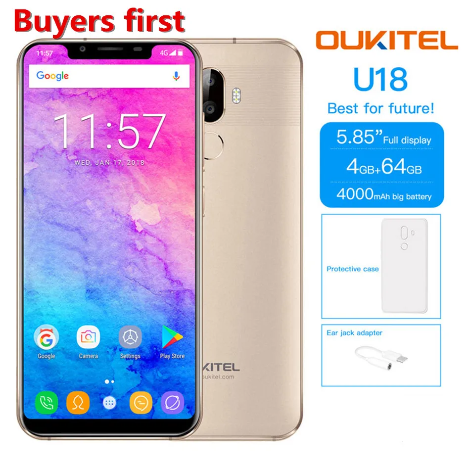 

Original OUKITEL U18 4G Mobile Phones Android 7.0 RAM 4GB ROM 64GB MTK6750 Octa Core 4000mAh 21:9 5.85" Face ID 16MP smartPhone