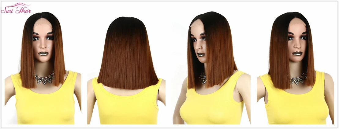 Сури волос Омбре коричневый прямые женские синтетические парики боб парик фронта шнурка черный корень без челки 3 Длина для выбора парик для косплея