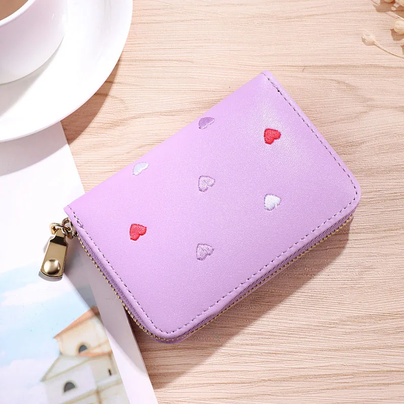 Heart Embroider женский бумажник с отделениями для карт, маленькая застежка-молния, складной кредитный держатель для карт, выдвижная сумка для ID карт, кошелек для женщин - Цвет: Purple