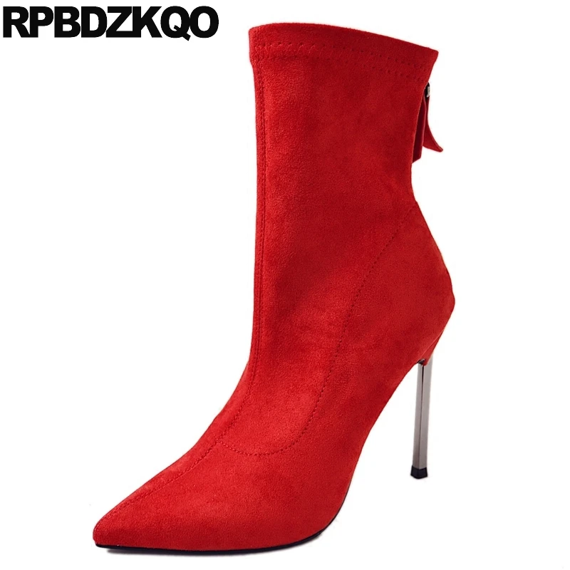 

Red Ankle Pointed Toe Comfortable Suede Autumn Fashion Shoes High Heel Metal Short Side Zip Boots Fetish Stiletto New Female
