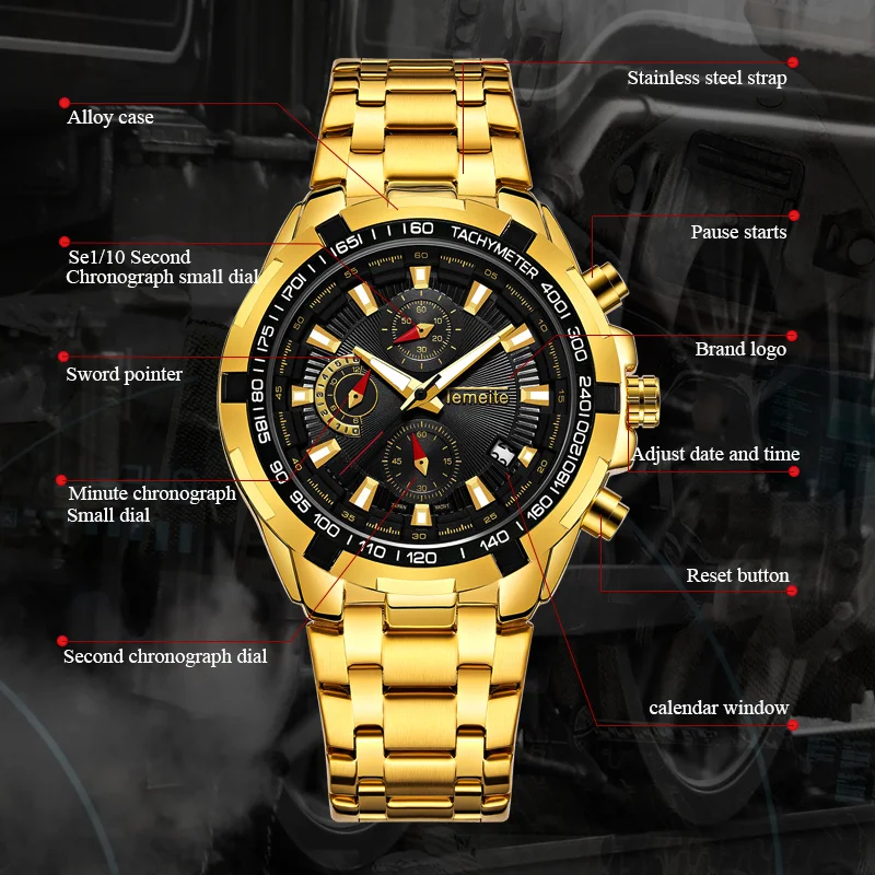 Golden Luxury Waterproof Wristwatch Men Quartz Watch