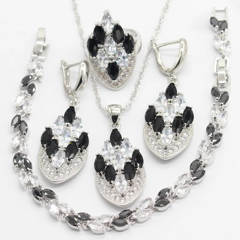 

White and Black Stone 925 Silver Jewelry Sets for Women Wedding Set of Four Necklace Dangle Earrings Ring Bracelet Jewelry Box