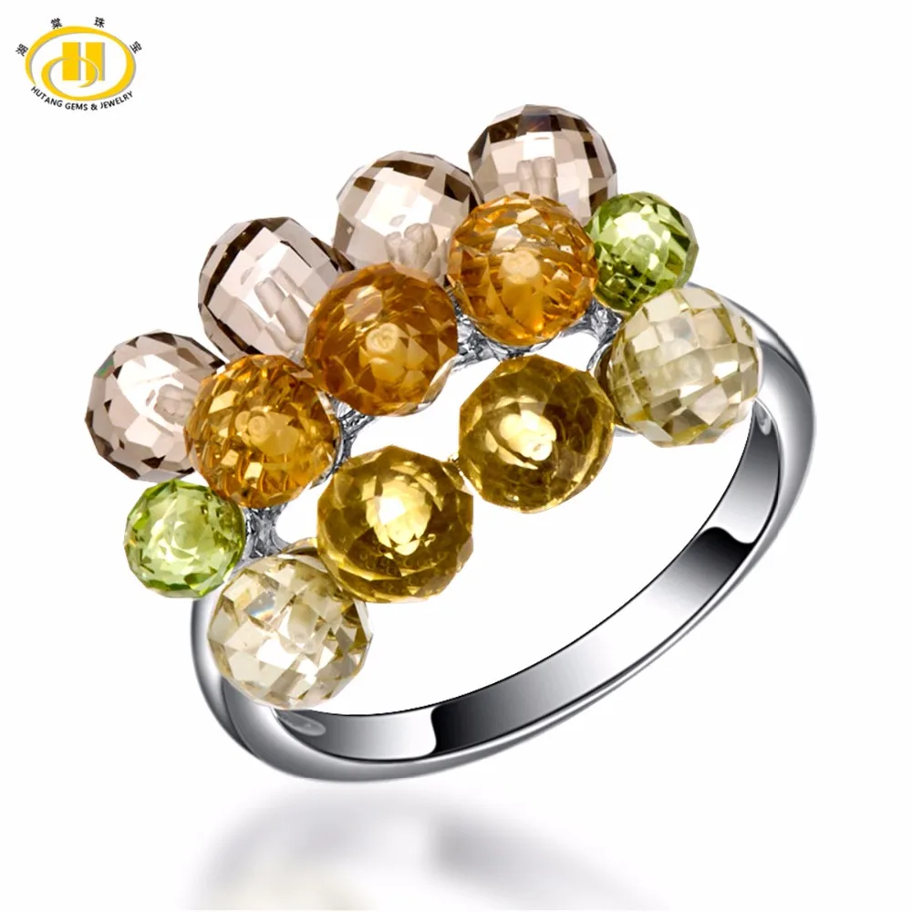 

Hutang Natural Multi-Color Gemstone Beads Solid 925 Sterling Silver Rings Fine Jewelry Peridot Lemon Quartz Unique Design Ring