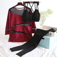 Женский комплект для йоги, фитнеса, пэчворк, 3 шт., одежда для спортзала, спортивный бюстгальтер, футболки с длинным рукавом, штаны, дышащий, открытая спина, спортивный костюм