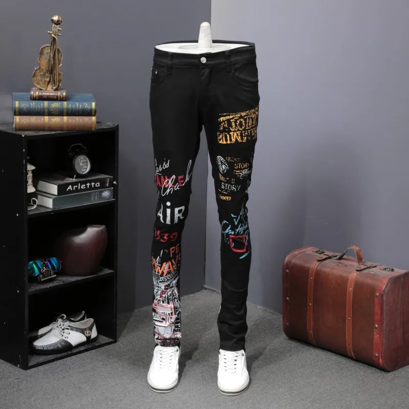 Новая мода печатных мужские эластичные джинсовые узкие брюки полной длины черный High Street джинсы для женщин мужской повседневное Slim Fit узкие