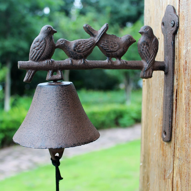 

Free shipping Vintage Four Birds on Branch Design Cast Iron Wall Mounted Decor Hand Cranking Bell