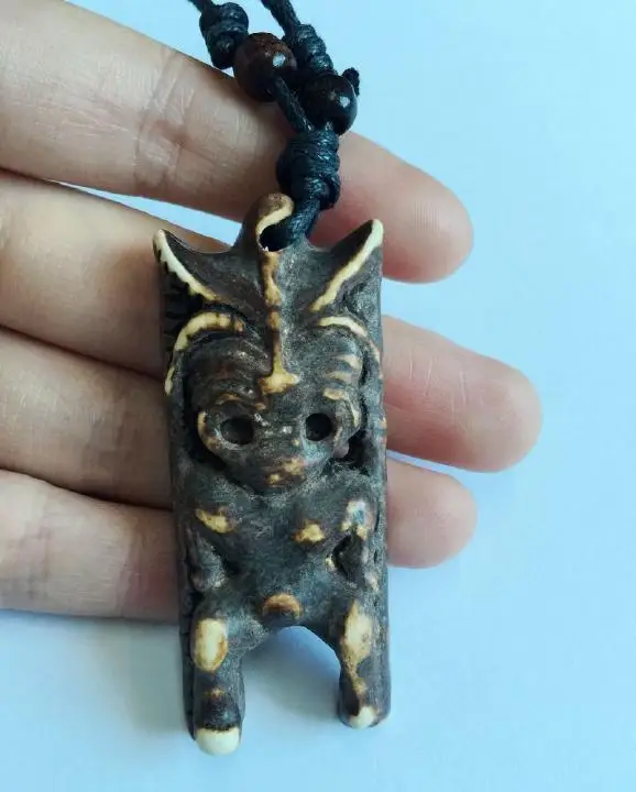 TRIBAL YAK BONE CARVED TIKI DEVIL TOTEM NECKLACE PENDANT TOTEM LUAU HULA SURF