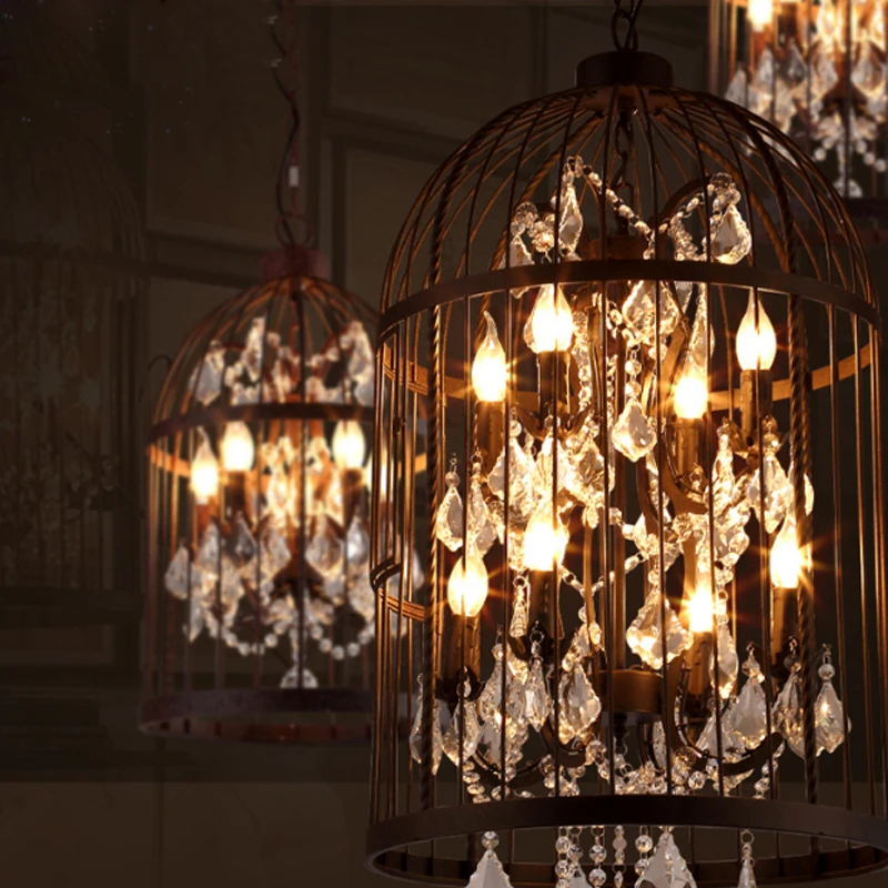 

E14 bulb villa Rust Iron industrial chandelier light American vintage restaurant bird cage crystal chandelier lamp Home Deco