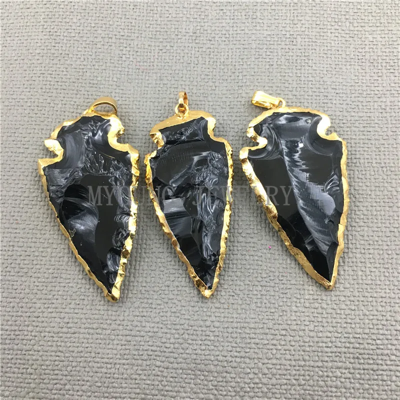  MY0401 Arrow Black Obsidian Druzy Necklace  Pendants,with Rhinestone Gold Cladding Rough Arrowhead Gems Stone Charm Jewelry Making (1)