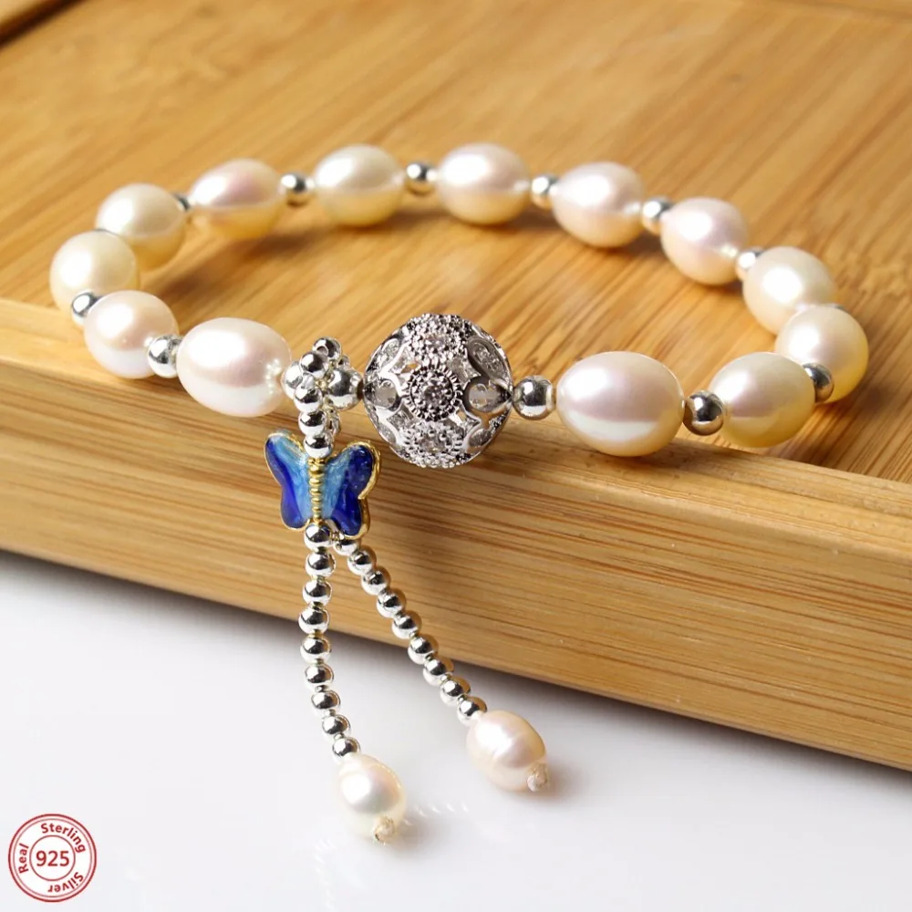 

Fashion Silver 925 Jewelry 8-9mm White Natural Pearls Blue Enamel Butterfly 16cm Charm Bracelets & Bangles Jewelry Wholesale