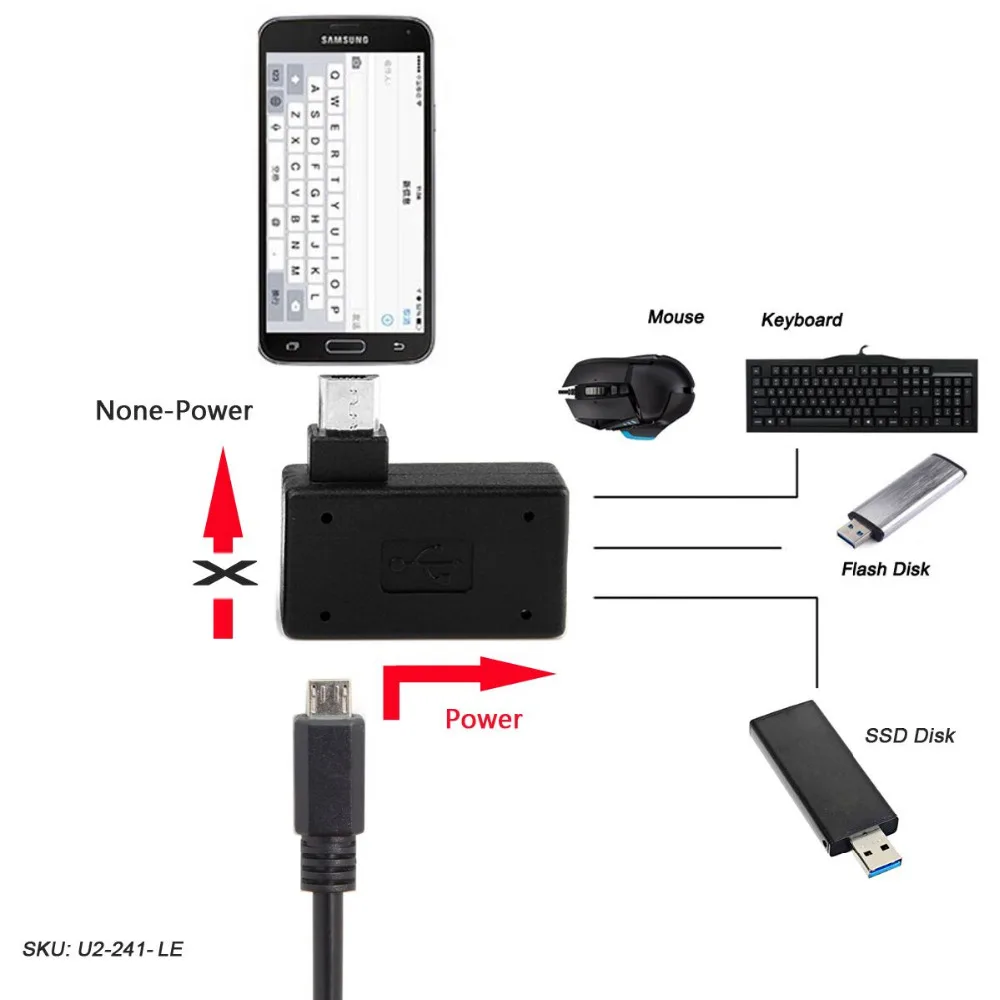 90D Right Angled Micro USB 2.0 OTG Host Adapter with USB Power for Galaxy S4 S5