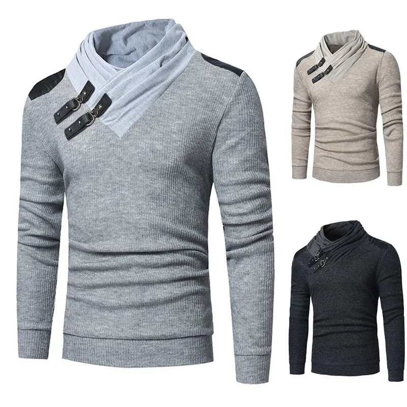 Sweater Men 2018 Autumn Winter Warm Brand Male Long Sleeve Skin Buckle Solid Color Hooded Mens Heaps Collar Knitted Sweater
