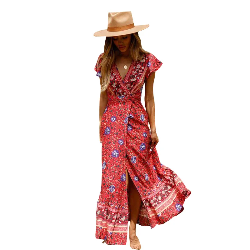 

Cncool Maxi Dress V Neck Split Casual Dress Spring Summer Ladies Slim High Waist Dresses for Party Beach Vacation Sexy vestido