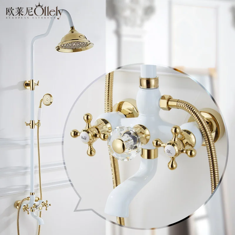 

American European shower full copper white golden hot and cold shower faucet set lift shower faucet mix water valve