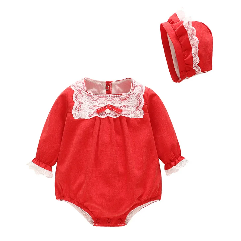 

Picturesque Childhood 2-1 Clothes Set Baby Girl Playsuit Hat Cartoon Outfit Clothes Baby Clothing Red Long Sleeves
