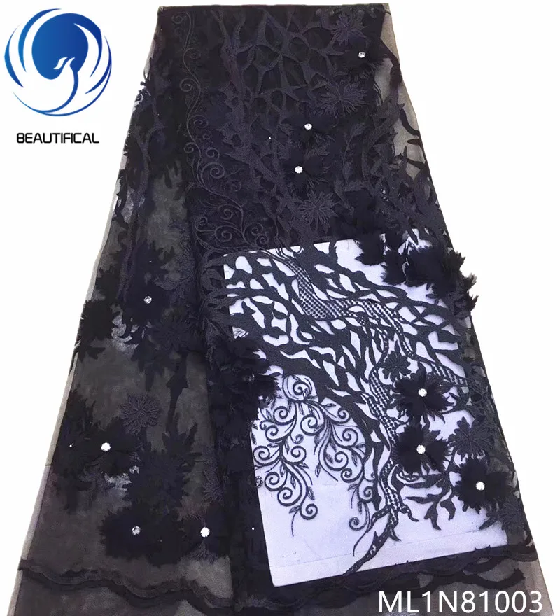 

BEAUTIFICAL black french lace fabric wedding lace fabric 3d flower fabric 5 yards/lot 3d lace material with beads ML1N810