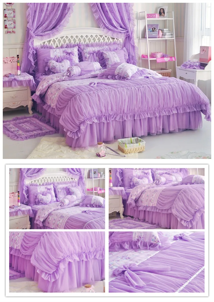 100%Cotton Purple Floral Girls Princess Bedding Set Twin Queen King size Duvet cover Bedsheet set Bedskirt linen Pillowcase