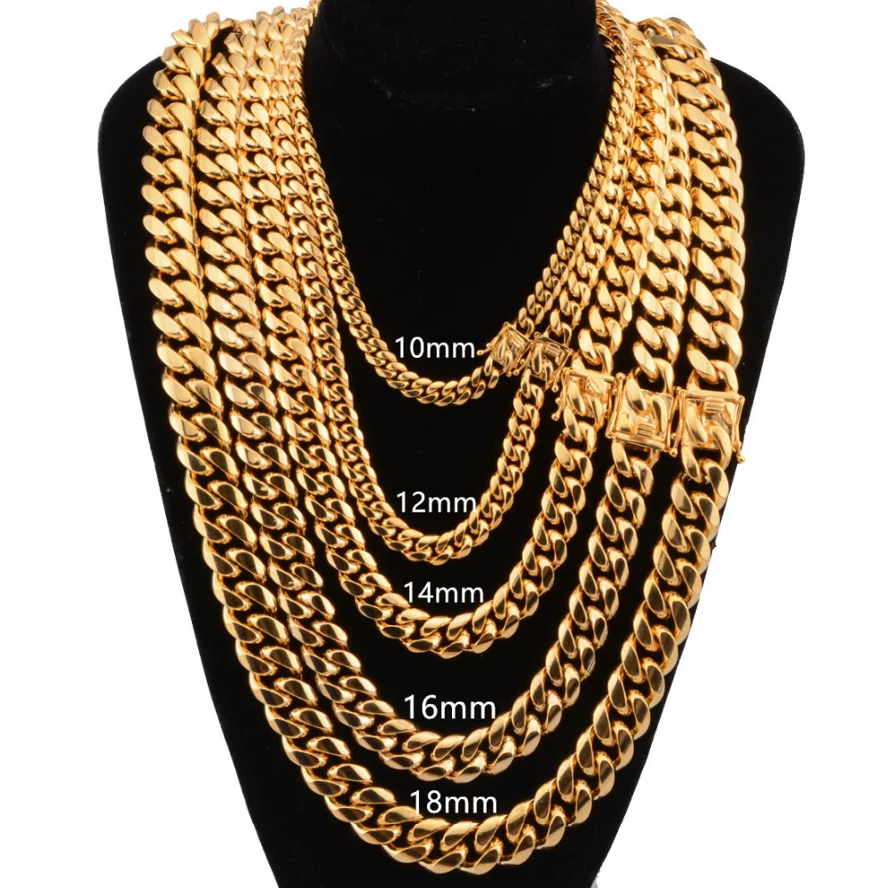 

New Arrival 10/12/14/16/18mm Wide Gold Color Men's Necklace Or Bracelet 7-40inch Jewelry Stainless Steel Miami Curb Link Chain