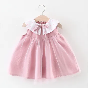 

2019 Summer Baby Girls Polka Dot Bow Lapel Collar Sleeveless Mesh Sundress Princess Party Tutu Infant Kids Dress vestidos