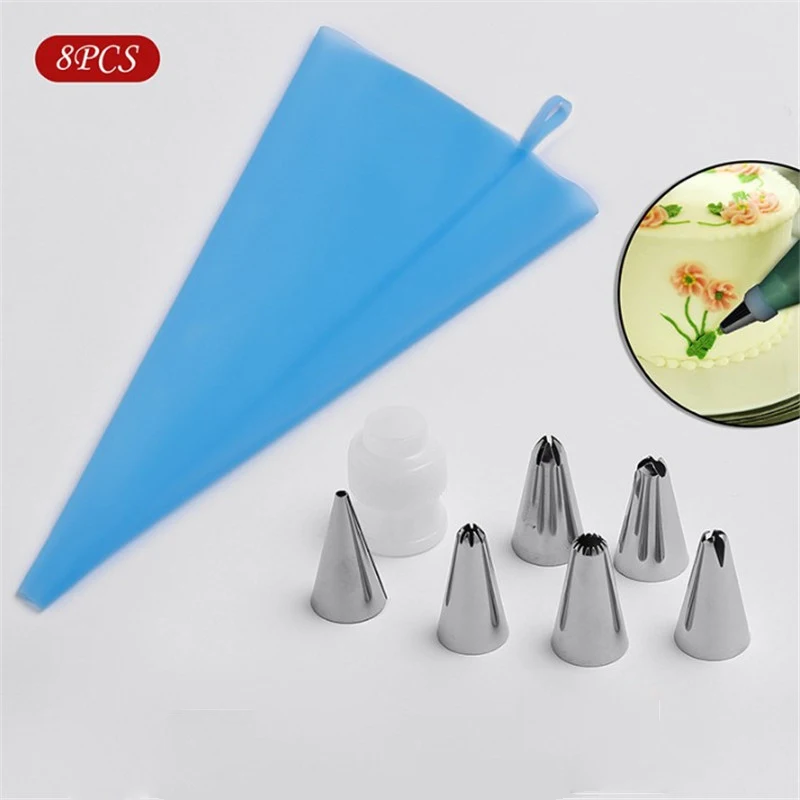 

TTLIFE 8PCS Silicone Kitchen Accessories Icing Piping Cream Pastry Bag 6 Stainless Steel Nozzle Set DIY Cake Decorating Tips Set
