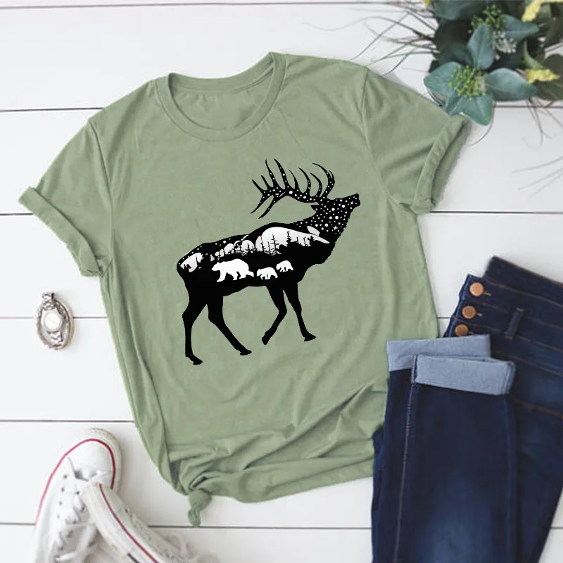 

S-5XL Summer Women t shirt Large Size 100% Cotton Christmas Deer Holiday Tees Casual Party Tops Oversized cartoon pattern tshirt