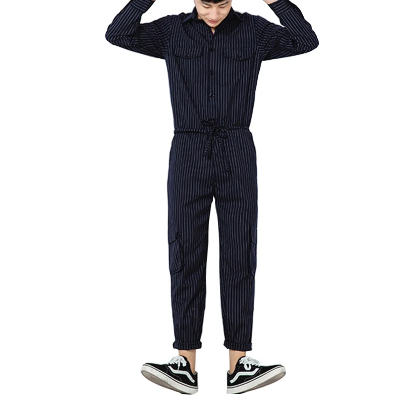 

Brand 2017 New Men's Fashion Stripe Print Overalls Black Blue Full Sleeve Denim Jumpsuits Jeans Set