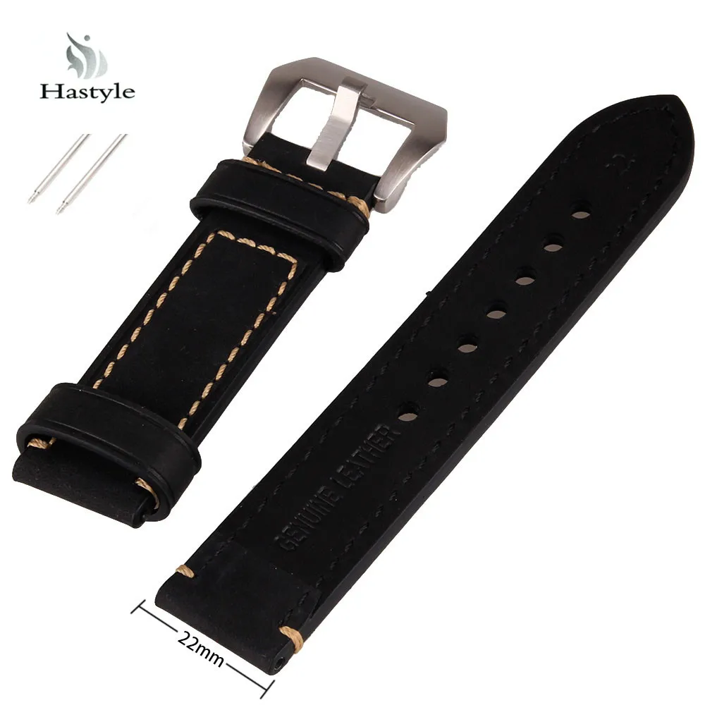 Brand Hastyle Black 22mm Genuine Mens Retro Leather Watch Strap