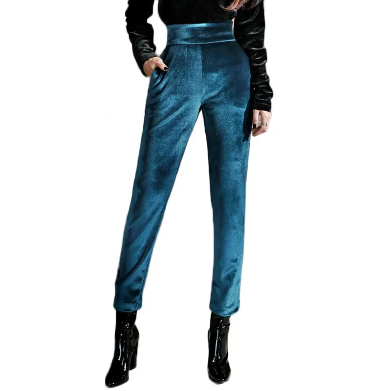 Осенние женские пикантные Высокая талия велюровые брюки Модные Узкие бархатные узкие брюки синий зеленый клуб мотобрюки женский