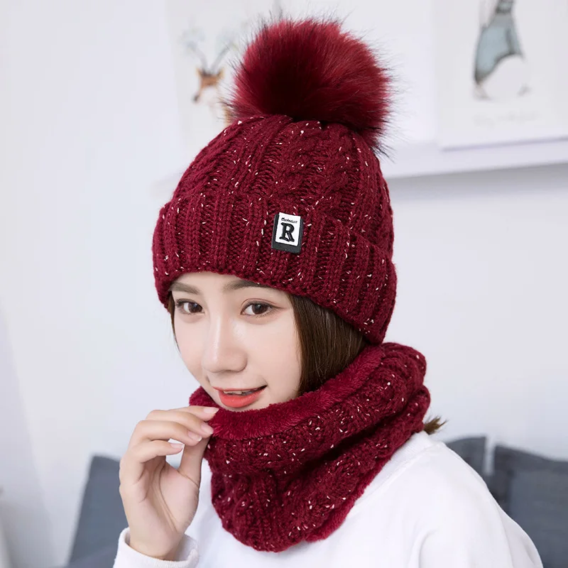 Модные зимние шляпы для женщин Beain Hat Kitted Big Ball gorro invierno mujer Зимний шарф и шапка, комплект, сохраняющий тепло