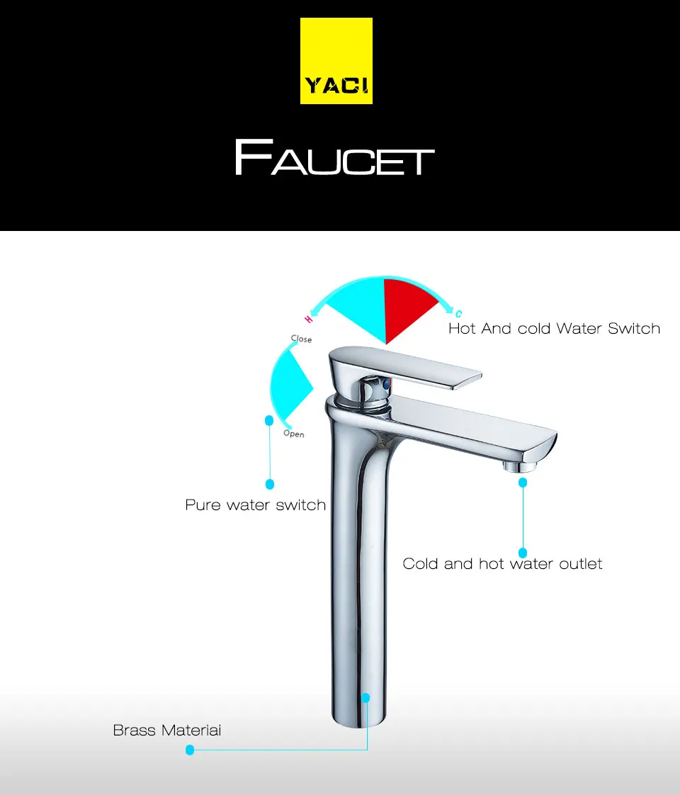 YACI смесители для умывальника Твердый латунный ХРОМ современный Ванная раковина кран Одной ручкой умывальник Горячий Холодный Смеситель