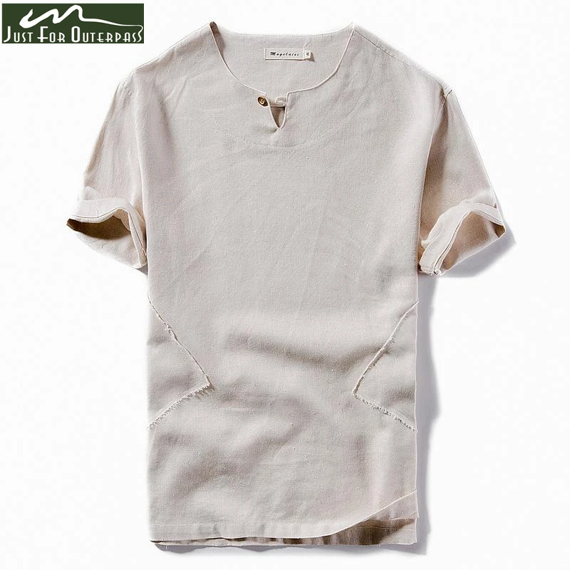 

2019 New Arrival Summer Cotton Linen T-shirt Men Fashion Trend Brand T Shirt Male Short Sleeve Stand Collar Solid Color Tees