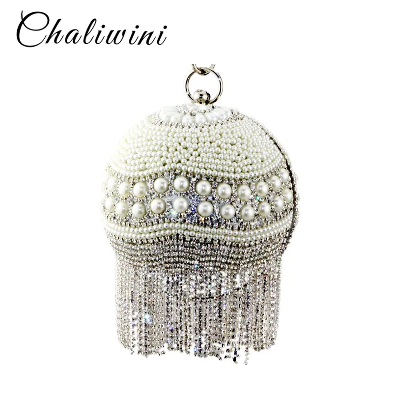 Chaliwini جديد تصميم الفضة شرابة البولينج جولة شكل اليد حقيبة لؤلؤ مطرز مخطط كرة زهرية wristlets المرأة حقيبة ساعي