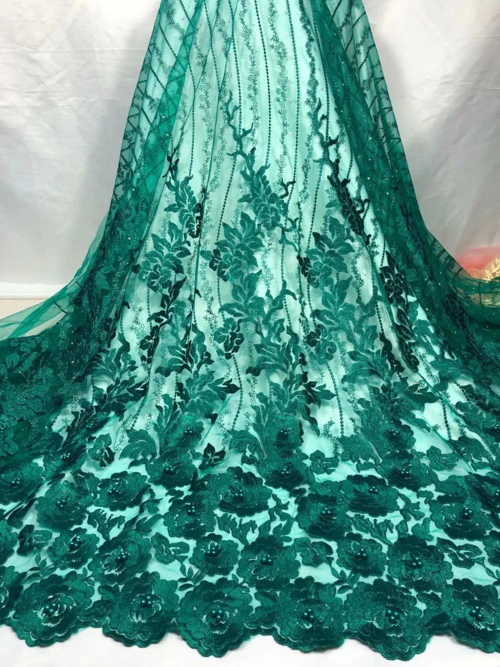 Африканский кружево Нигерия чистая ткань с зелеными бусинами французский тюль
