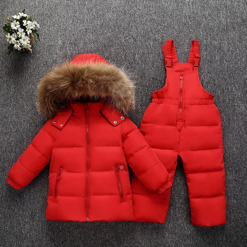 30 Degrees Winter Children Down Jacket Clothing Sets Furry Collar Girls Down Jackets+ Overalls Kids Warm Suit For Boys