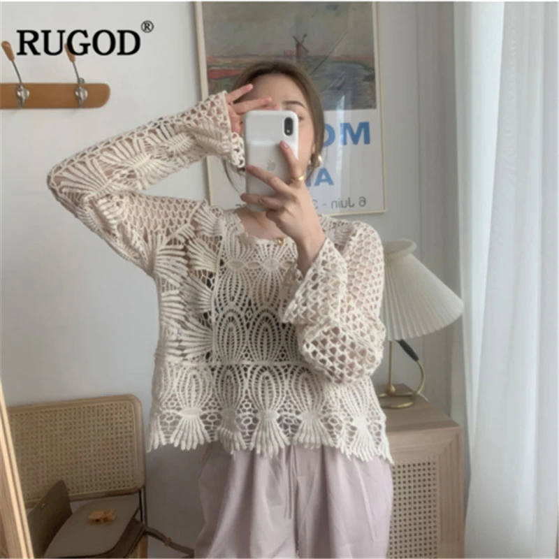 Женская кружевная рубашка RUGOD прозрачная Свободная блузка с о-вырезом и длинными