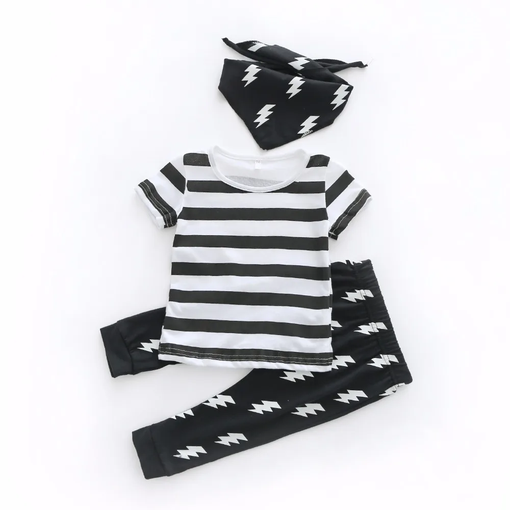 

Newborn Infant Clothing Sets Short Sleeve Summer Cotton Fashion Baby Kid Clothes Black Strips Kids Suits T-shirt Tops Pants Bibs