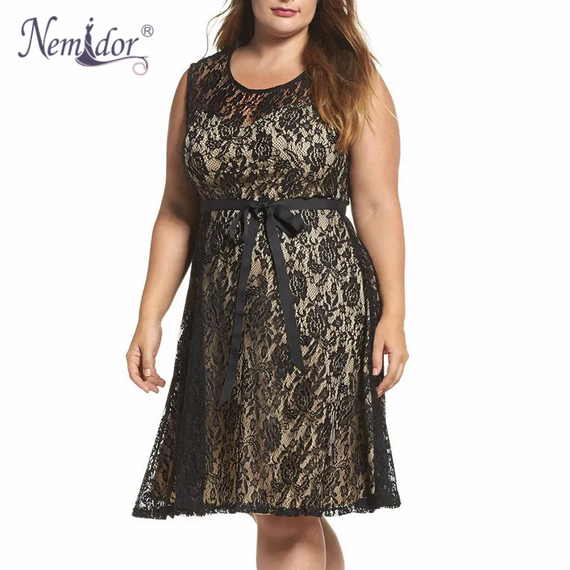 

Nemidor Women Casual Sleeveless Lace Patchwork Summer A-line Dress Elegant O-neck Plus Size 8XL Party Midi Swing Dress With Belt