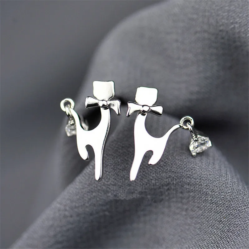 

925 Sterling Silver Crystal Bow Cat Stud Earrings for Women Girls Gift Jewelry female Ear pendientes Earring eh862