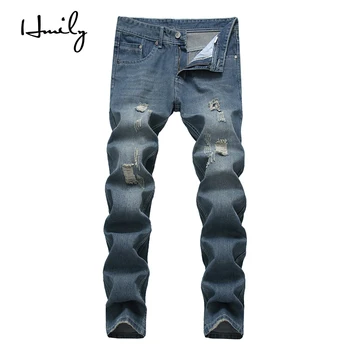 

HMILY Vintage Designer Men Jeans Blue Color Slim Fit Cotton Pants High Quality Destroyed Ripped Jeans Large Capacity Trousers