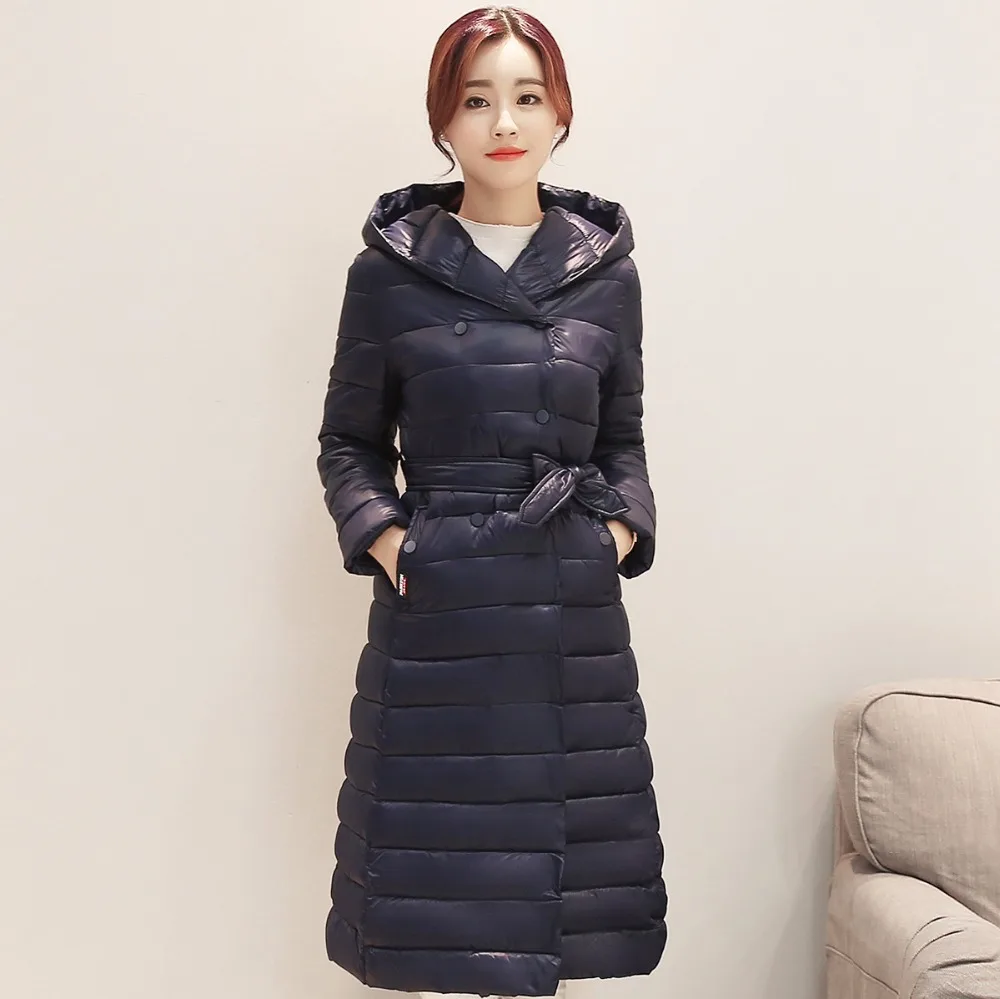 

Latest Design Spring Women Long Parka Female Wrap Coat Womens Navy Chesterfield Coats with Hooded Slim Maxi Coat with Sashes
