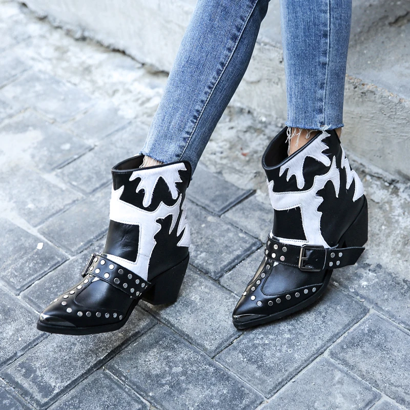 

2018 Europe USA horse hair mixed color rivet belt buckle ankle boots genuine leather metal pointed toe chunky heel riding boots