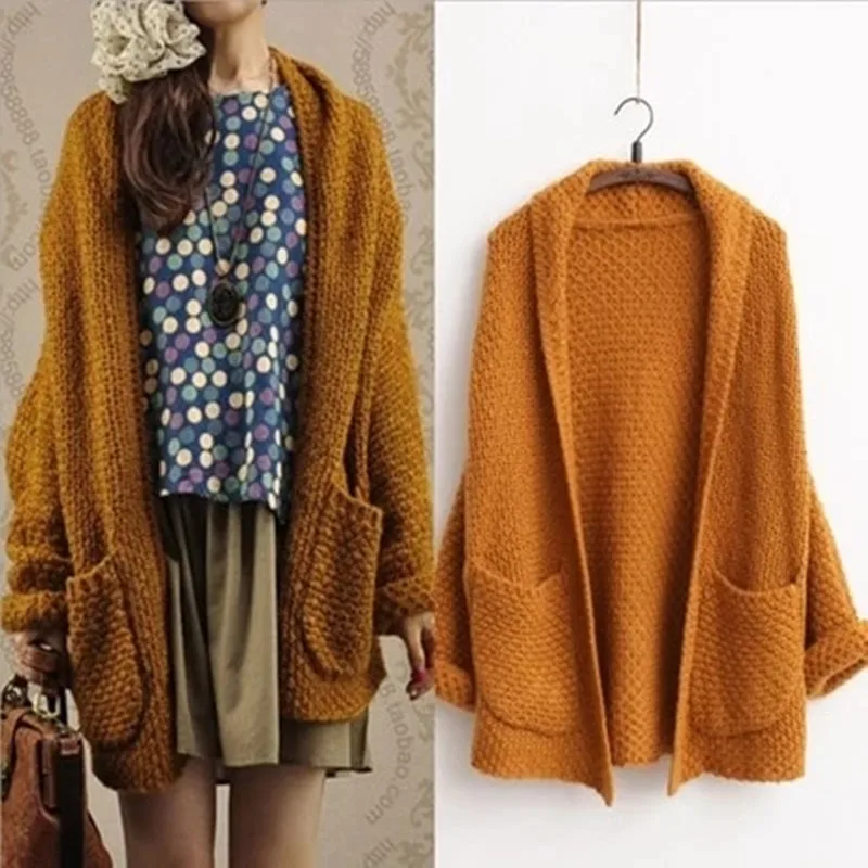 

2016 Autumn Fashion Casual Loose Solid Cardigans Batwing Sleeve Thick Outwear Knitting Sweater Plus Size Cardigan With Pockets